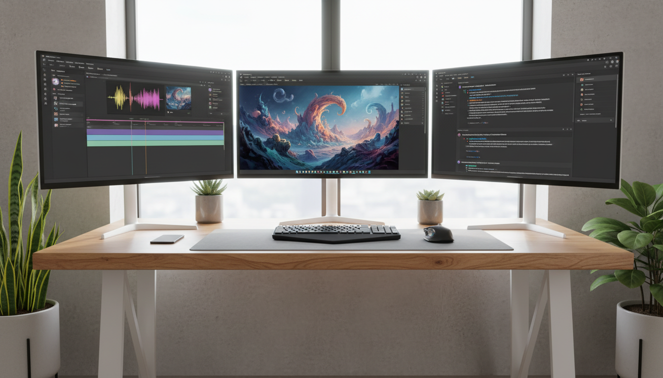 Modern content creator workspace with multiple screens showing image, video and text generation interfaces