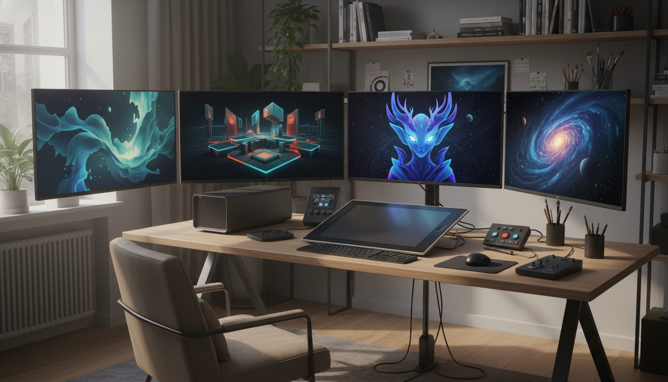 Hands holding a tablet showing generated images with a checklist for ethics and compliance