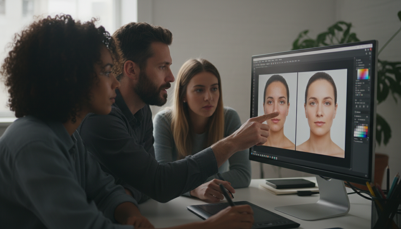 Creative team collaborating with AI tool showing prompt and result panels
