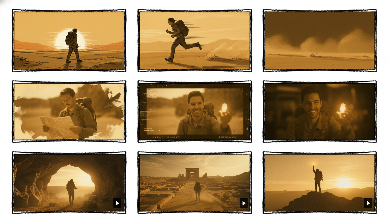 Storyboard style frames showing image-to-video transformation with cinematic lighting, no text