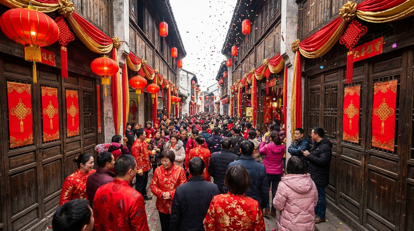 Chinese New Year celebration with traditional couplets on doors