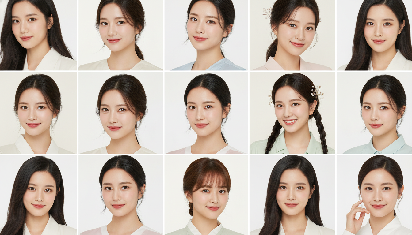 Collage of several Asian female celebrities with soft facial features and natural hairstyles, highlighting subtle similarities