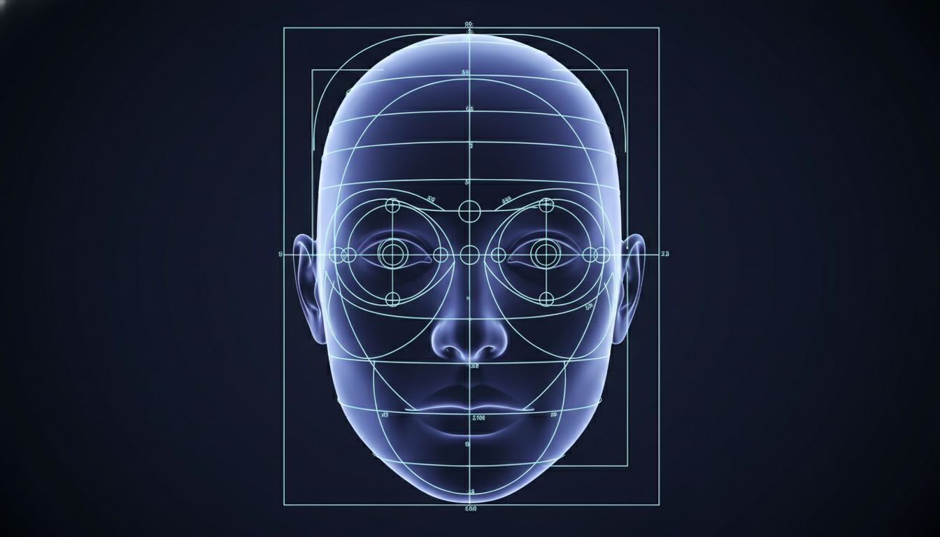 Facial proportions diagram with three courts and five eyes, highlighting four highs and three lows