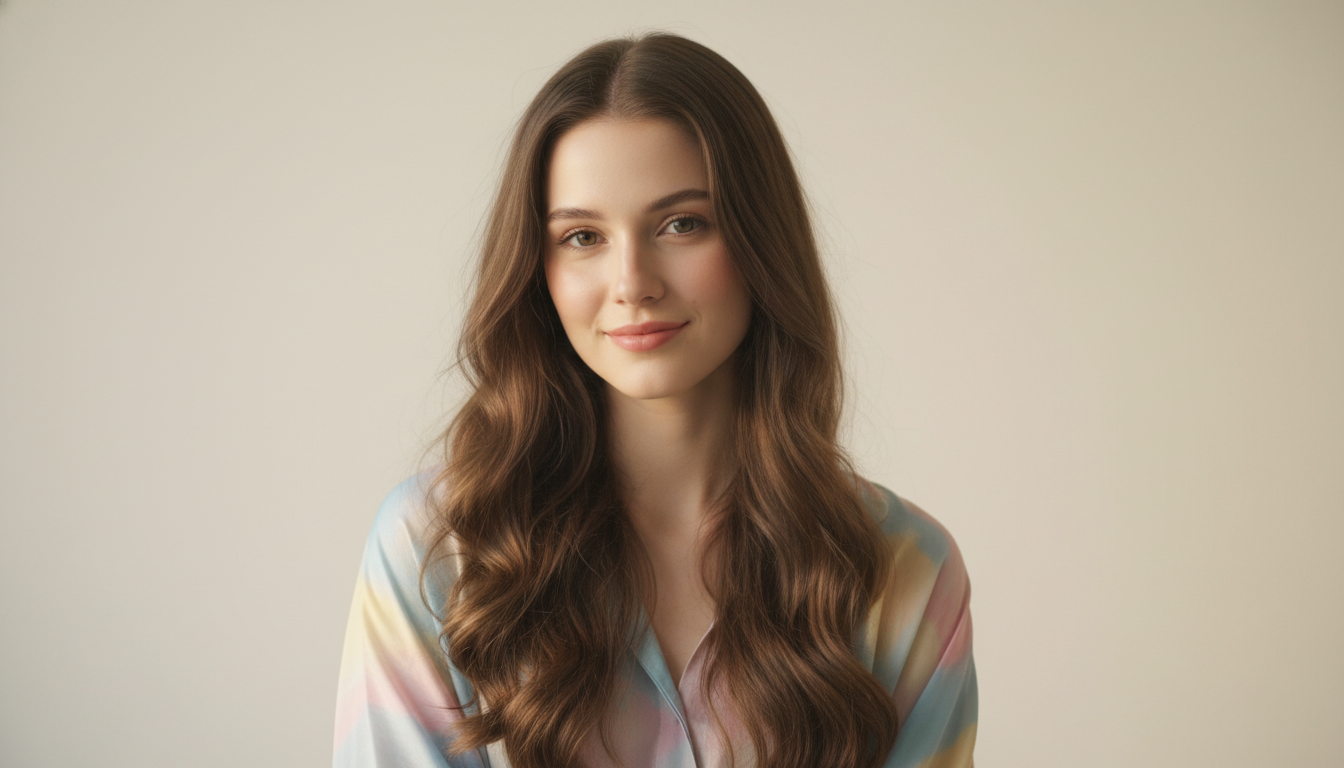 Woman with long wavy brown hair and natural makeup, showcasing a soft warm aesthetic