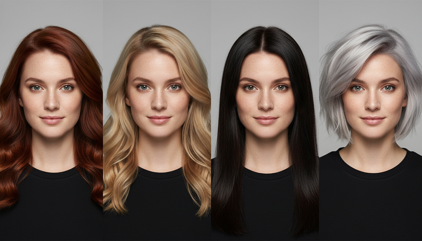 Collage showing multiple hair color variants applied to a single portrait image