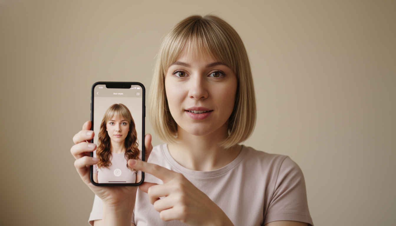 User using mobile app to try different hairstyles with realistic lighting