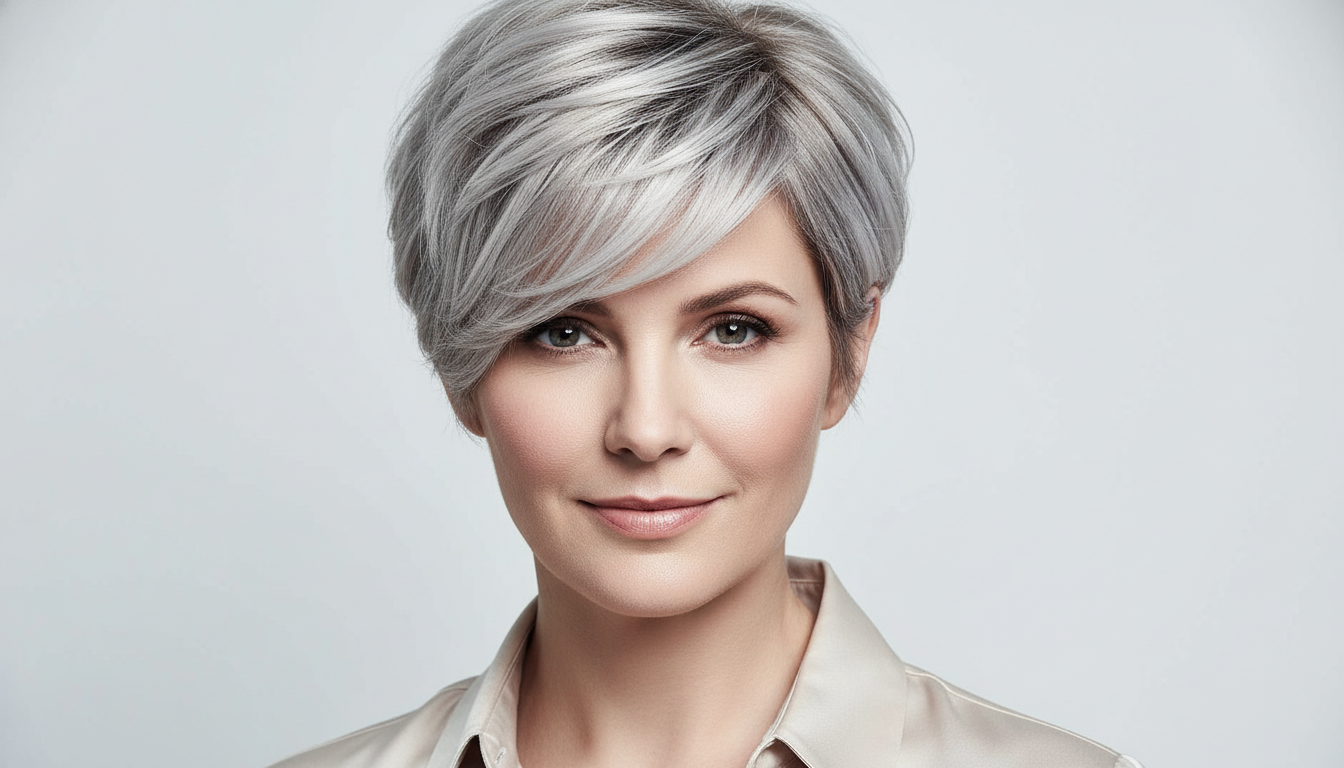 Stylish short bob haircut on woman in studio light