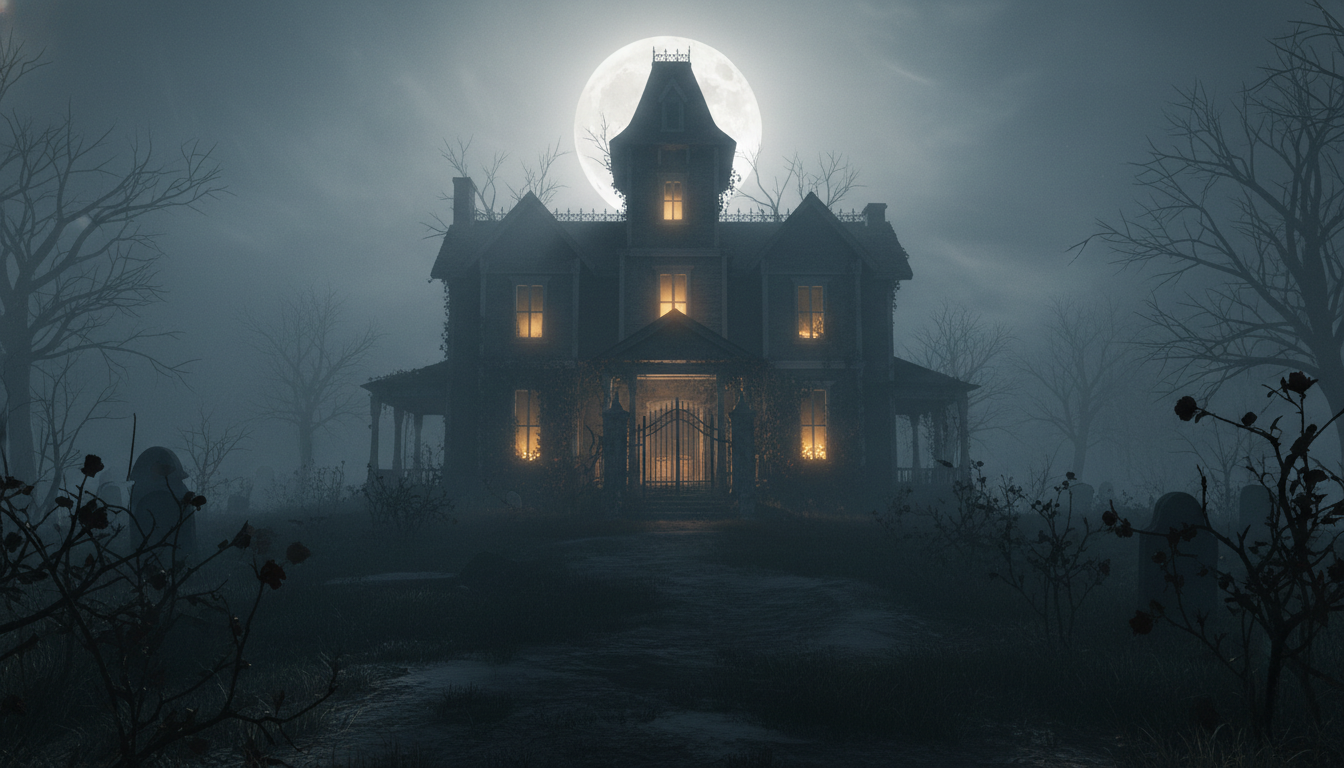 Halloween scene moodboard showing pumpkin, moonlight, fog